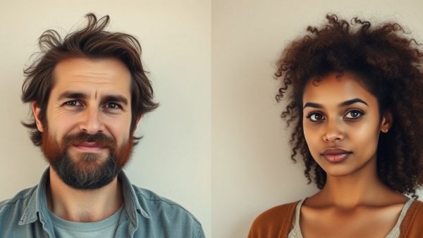 Contrasting portraits of middle-aged man and young woman, confident gazes.
