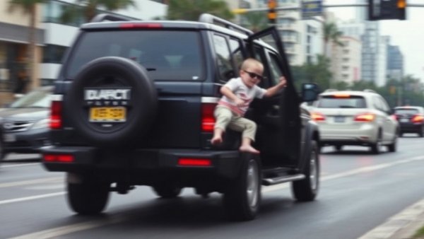 Blurry scene of California toddler falls from moving SUV, street incident.