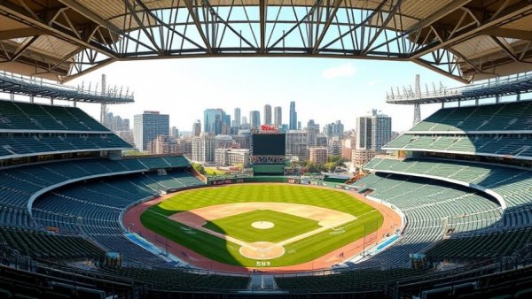 San Antonio business news - modern stadium with city skyline.
