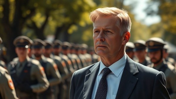 Corey Lewandowski in contemplative pose, soldiers in background