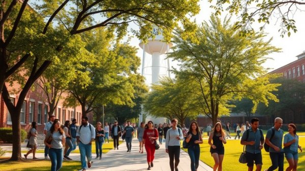 Students on a Texas campus under trees near a water tower.