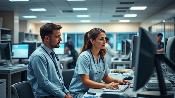 Healthcare professionals addressing cybersecurity threats at a hospital.