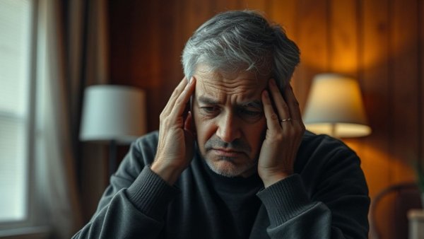Middle-aged man distressed, exploring hidden causes of anxiety in cozy room.