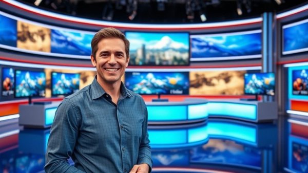 Weather presenter in a modern studio discussing Cold Front Freezing Temperatures South Central Texas.