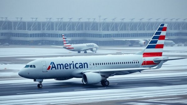 American Airlines plane on snowy tarmac amid weather disruption.