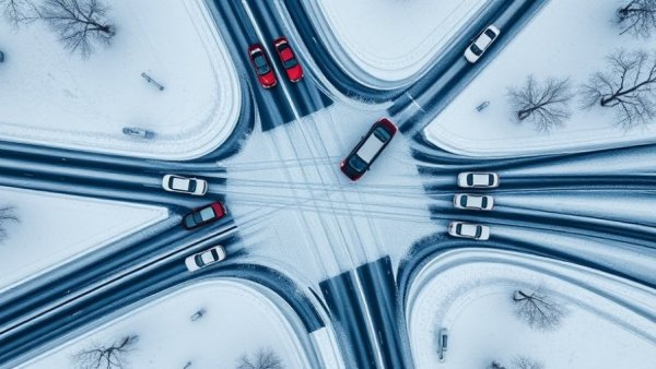 Snowy intersection with cars in North Texas, highlighting winter driving challenges.