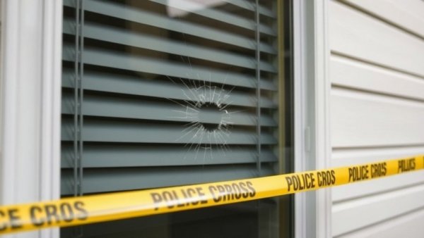 Houston shooting incident window with bullet hole and police tape.