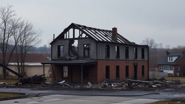 Houston vacant property showing fire damage, debris scattered.