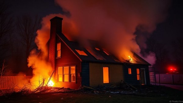 Houston house fire scene showing charred remains at night.