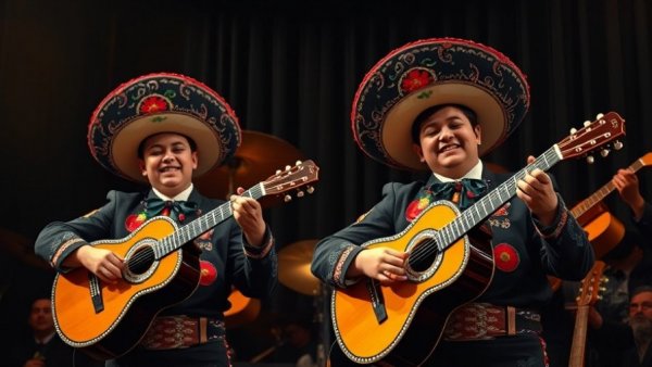 Young mariachi ensemble passionately performing on stage.