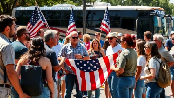 Protesters in Texas discuss near a bus with an American flag.