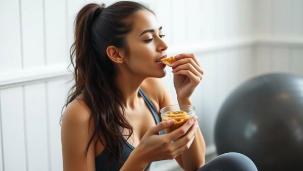 Woman enjoying post-workout snacks beside exercise ball.