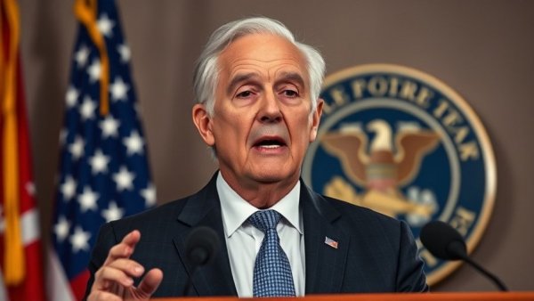 Federal Reserve news: Man addressing press with flags and seal.