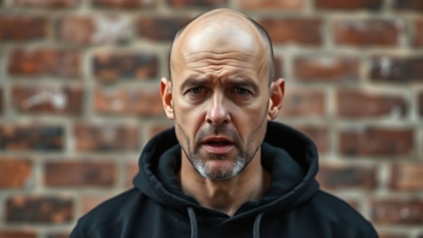 Bald man in hoodie speaking seriously against a brick wall.
