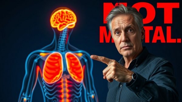Highlighted human anatomy with a man pointing at 'NOT MENTAL', exploring hidden causes of anxiety.