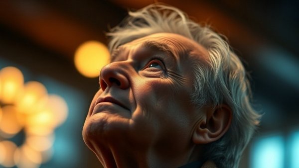 Thoughtful elderly man gazing upward, blurred lights in background.