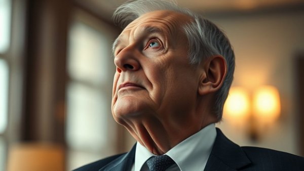 Elderly man with thoughtful look in a soft-lit setting.