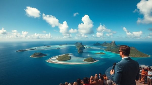 Chagos Islands aerial view and person speaking at event.