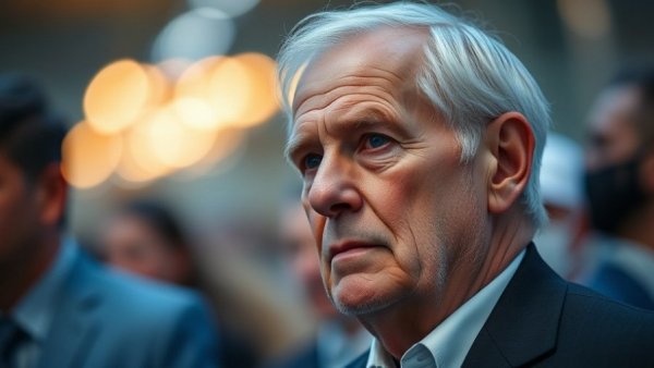 Distinguished elderly man at event with soft bokeh lighting.