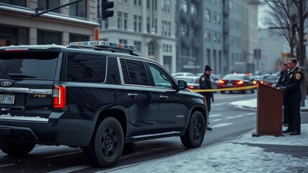 SUV at crime scene with speaker, highlighting immigration policy USA.