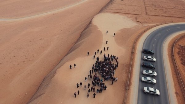 Protest at Texas immigration center viewed from above.