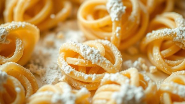 Raw pasta nests covered in flour, highlighting texture and color.