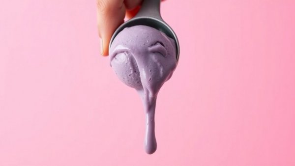Hand holding scoop with purple slime on pink background.