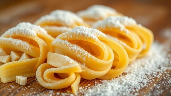 Delicious fresh pasta nests artfully dusted with flour.