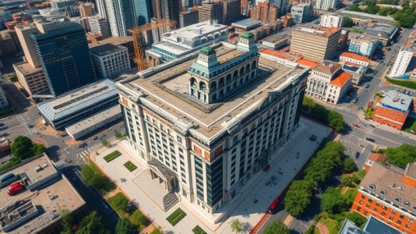 Aerial view of elegant Dallas venture capital firms building under construction, cityscape.