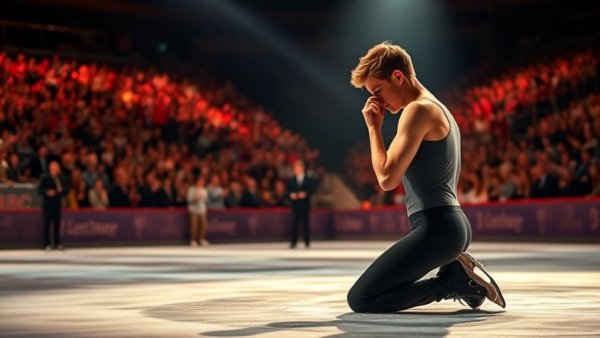 Graceful skater kneeling on ice under spotlight, audience cheering.