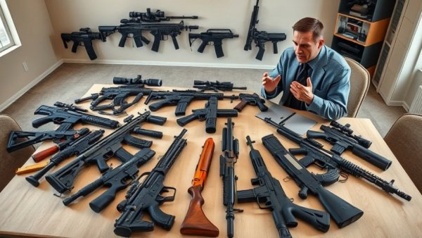 Collage of guns and speaker discussing gun control news.