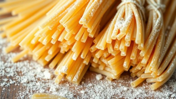 Artisan pasta bundles dusted with flour on a rustic board.