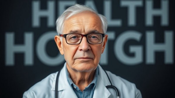 Elderly doctor advocating longevity with health text.