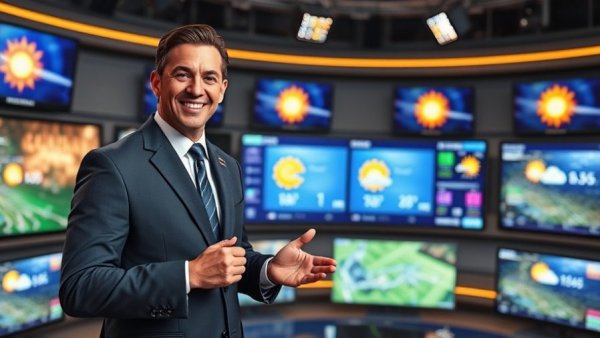 Meteorologist discussing cold front in San Antonio weather studio.