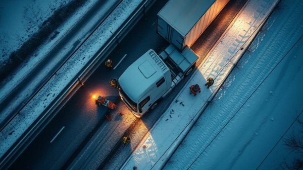 Highway transportation safety incident with semi-truck accident and emergency workers.