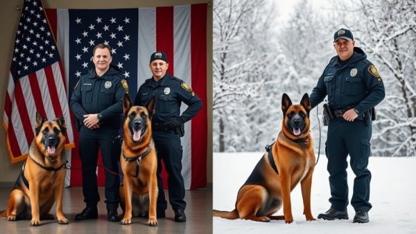 K-9 units with police officers indoors and outdoors, showcasing their roles