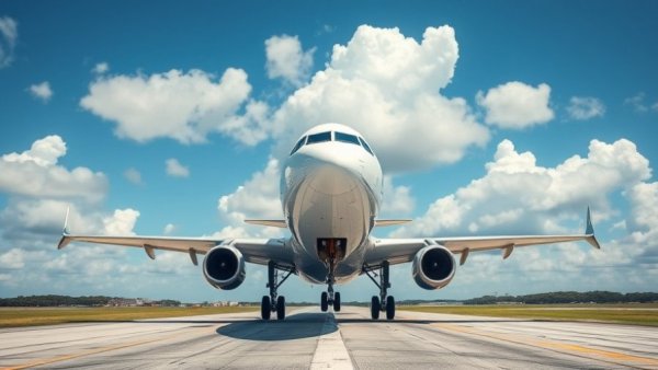 Airplane on San Antonio International Airport runway under blue sky.