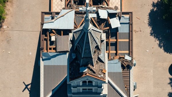 Aerial view of Cedar Hill church roof collapse showing extensive damage.