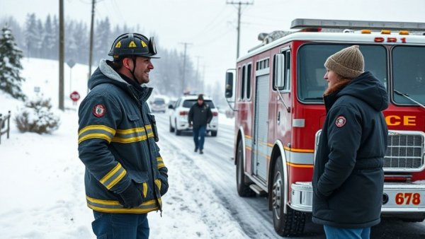 Seagoville pond rescue discussion between fireman and civilian on snowy road.