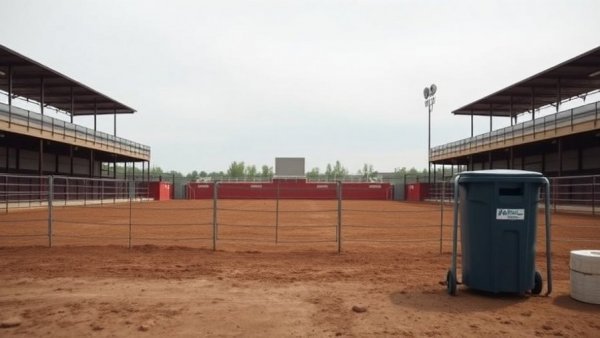 View of empty Houston rodeo arena with trash bin and fencing.