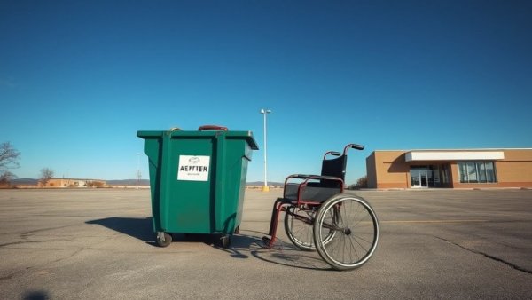Empty wheelchair in sunny parking lot near dumpster, Port Arthur store.