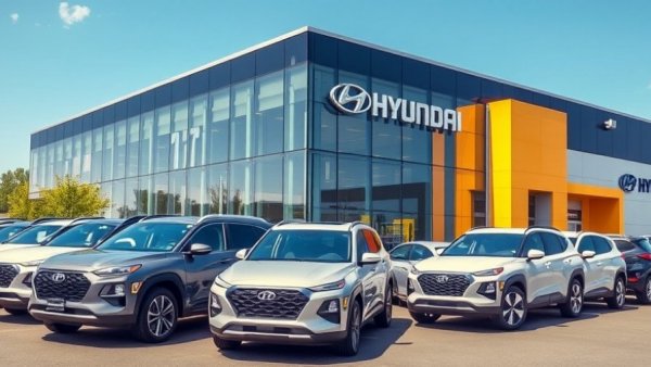 Hyundai dealership exterior with parked SUVs, sunny day, modern design.