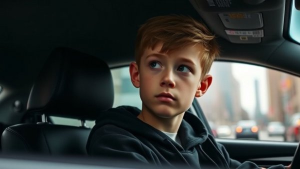 Thoughtful young boy sitting in car wearing hoodie.