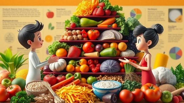 Healthy aging nutrition illustrated with food pyramid and discussion.