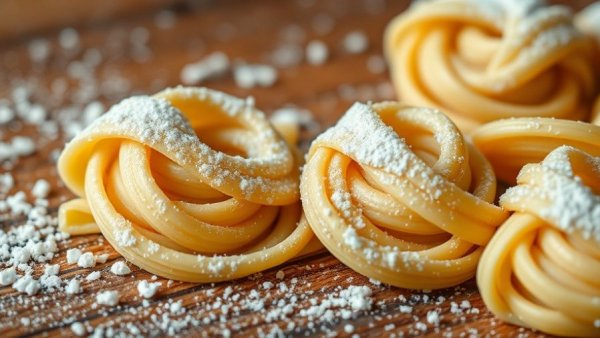 Fresh pasta nests with flour on a wooden surface.
