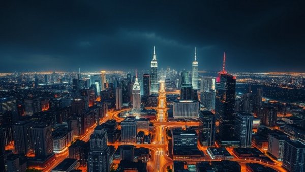 Dark cityscape with glowing skyline and highway lights, Texas power grid.