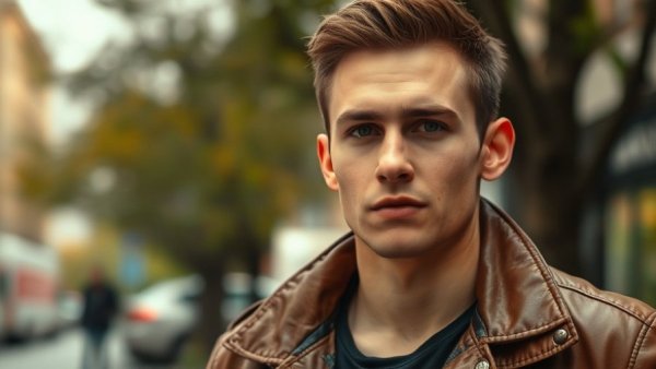 Thoughtful young man in a leather jacket outdoors, Alex Warren journey in music.