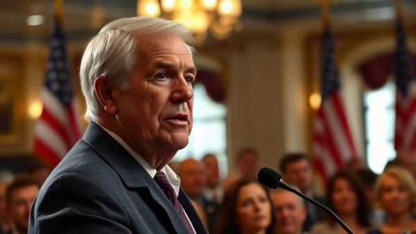 Speaker discussing U.S. immigration policy changes with flags in the background.