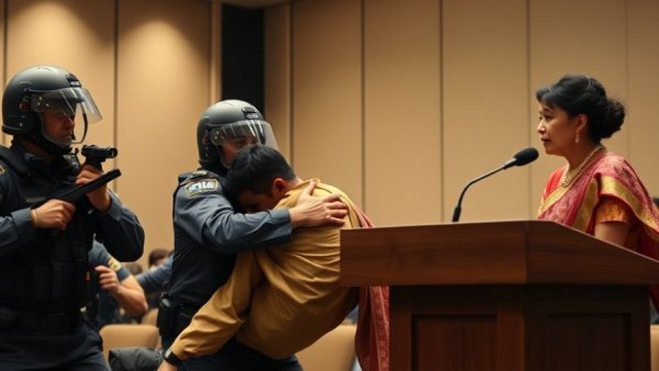 Political violence in the United States, enforcement officers subduing person, woman speaking at podium.