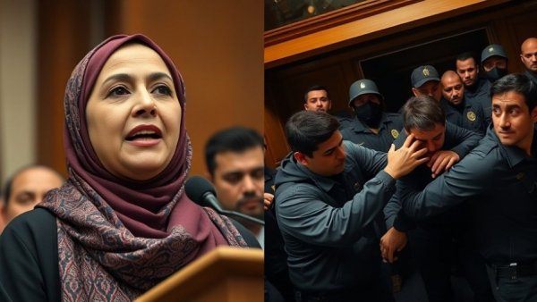 Composite image highlighting confrontation and speech, related to attack on Ilhan Omar.